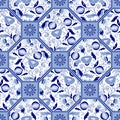 Seamless patchwork tile in blue and white colors. Vintage multicolor pattern in Spanish style.